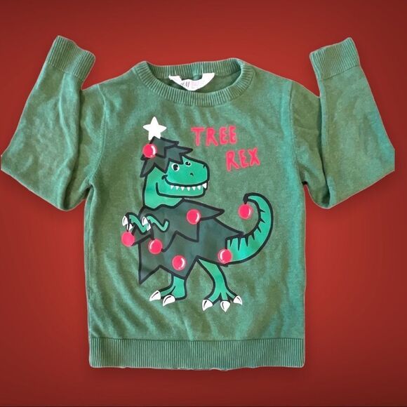 ‘TREE Rex’ Green Crew Neck Christmas Sweater Size 6-8Y Unisex - Picture 1 of 2